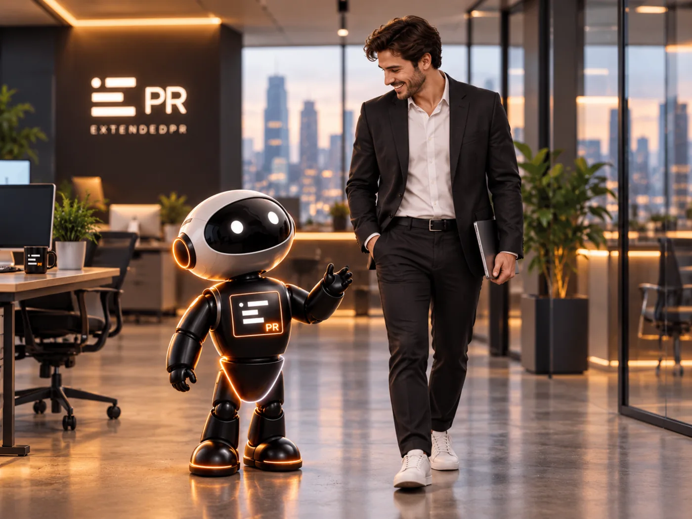 Business leader walking with Eli, the ExtendedPR AI guide